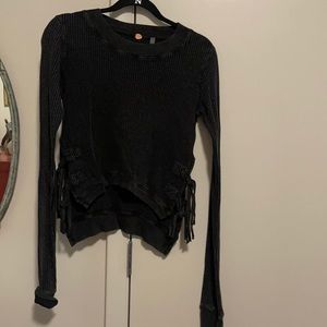 Charcoal Gray Long Sleeve tee with ties on the sides.